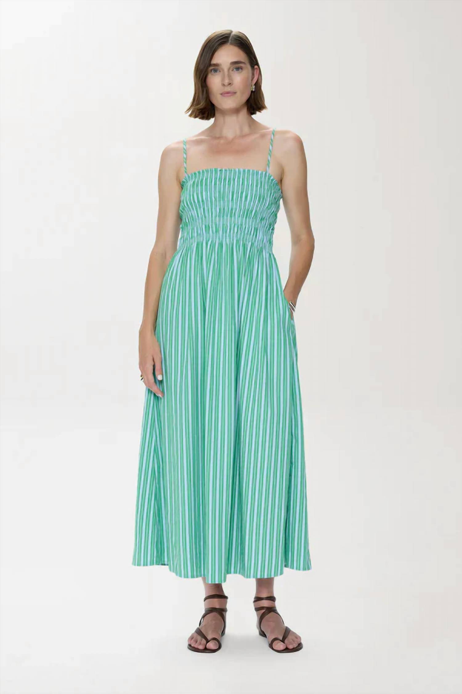 New Pistola Women's Bianca Shirred Bodice Dress In Green Blue Stripe